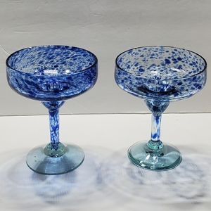 Set of 2 Hand Blown Cobalt Blue Confetti Margarita Glasses